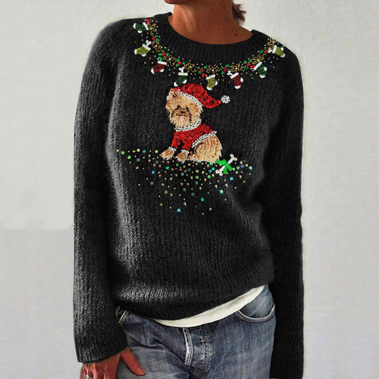 Comstylish Cute Christmas Puppy Sequin Art Cozy Knit Sweater
