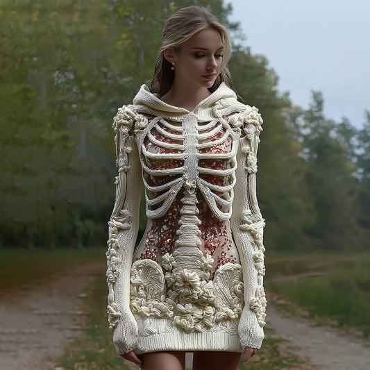 Comstylish Women's Vintage Halloween Skeleton Bones With Glitter And Rose Art Cozy Knit Hooded Sweater Dress