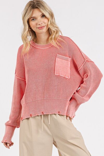 Clara® | Crew neck sweater with dropped shoulders and distressed hem