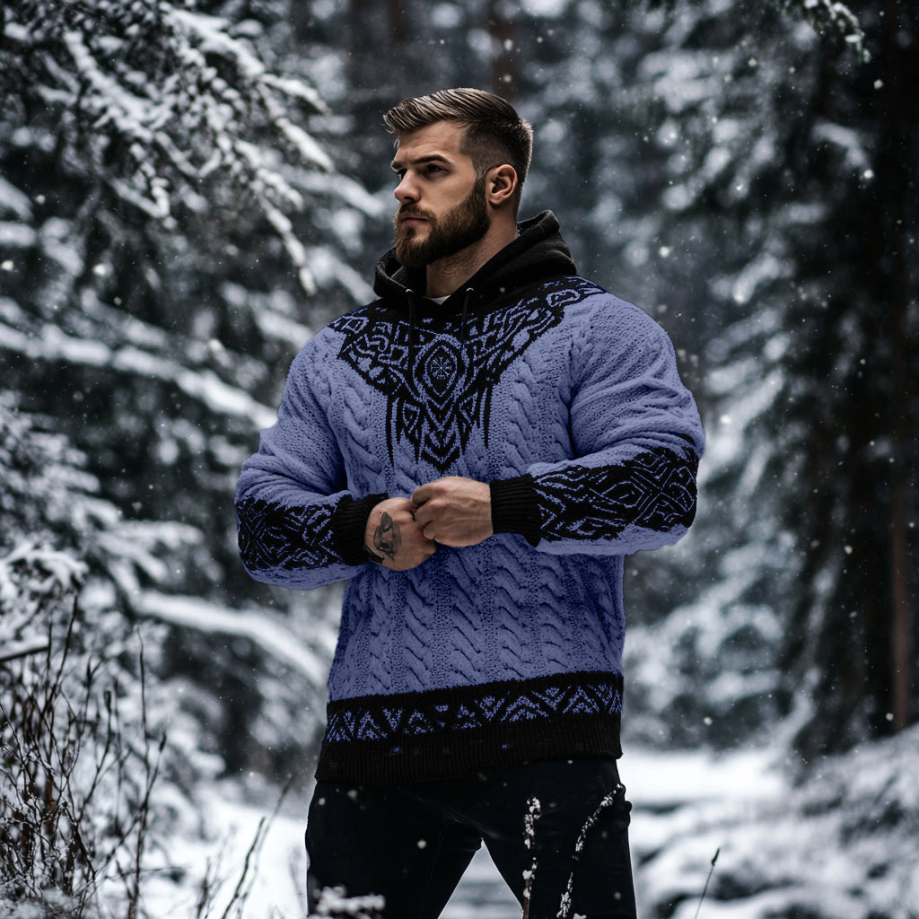 Men's Viking Tribal Jacquard Celtic Inspired Chunky Knit Hooded Sweater elevenforest