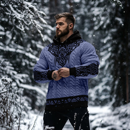 Men's Viking Tribal Jacquard Celtic Inspired Chunky Knit Hooded Sweater elevenforest