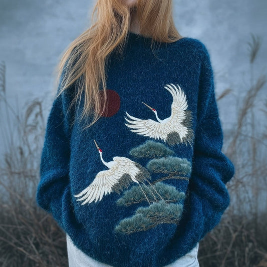 Comstylish Japanese Cranes & Pine Embroidered Cozy Knit Sweater
