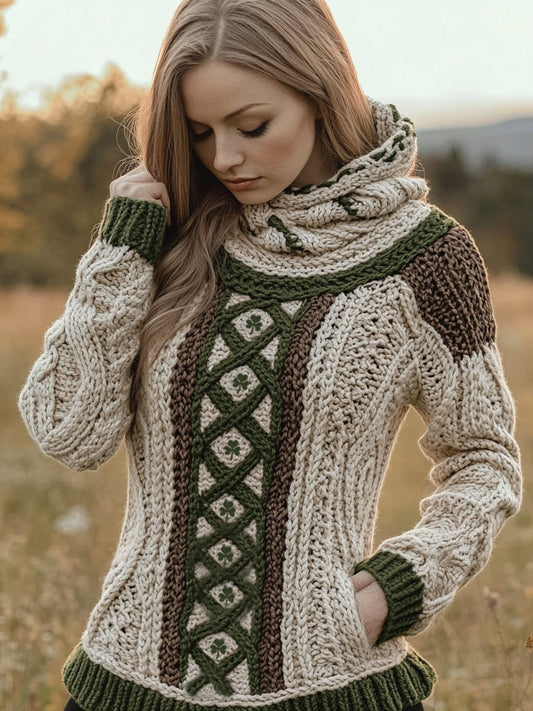 Women's Irish Celtic Knotted Jacquard Pocket Ireland's Hooded Sweater artswardrobe