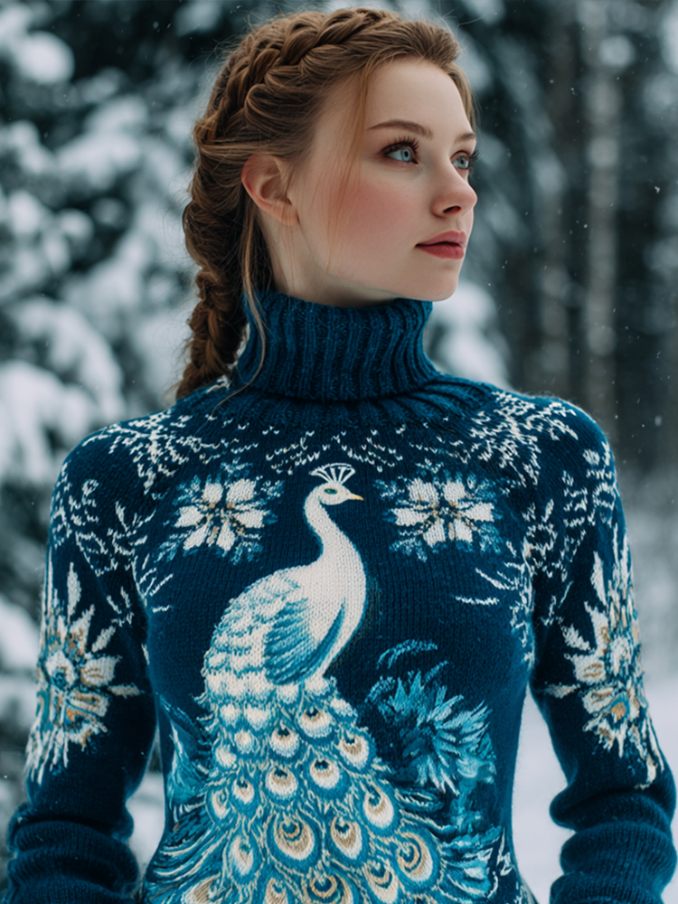 Cotton Sweater with White Snowy Peacock Design