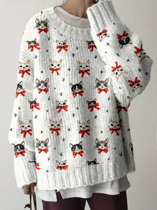 Comstylish Cute Christmas Cat Pattern Cozy Knit Sweater