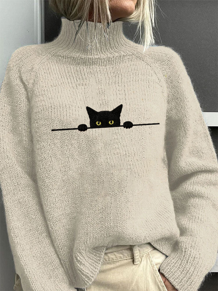 Cotton Sweater with Peeping Black Cat